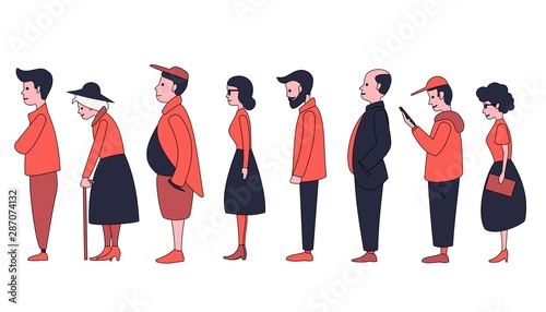 People of different ages and gender stand in line one after another. Flat style characters. Men and women are standing.