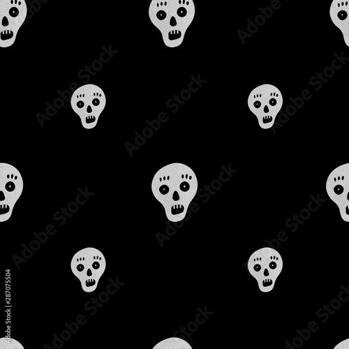 Seamless Halloween pattern with skulls on black background.