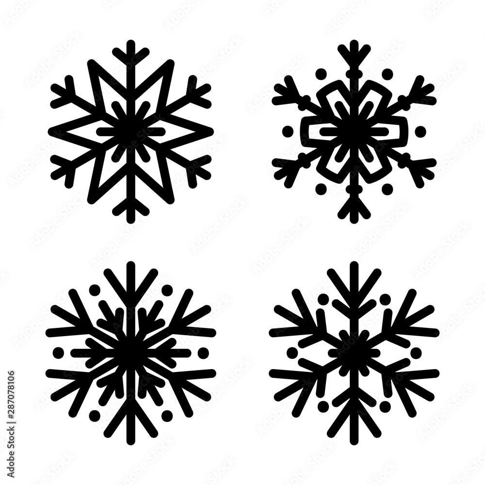 Snowflake black silhouette icon set. Isolated, white background. Vector illustration. Applicable as a decorative element for Xmas designs, winter weather concepts etc. Snowflake black silhouette icon set. Isolated, white background. Vector illustration. Applicable as a decorative element for Xmas designs, winter weather concepts etc.