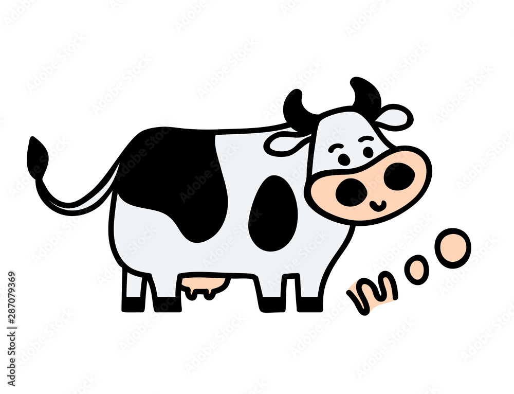 Vector illustration, line cartoon sketched standing spotted cow. Hand drawn, isolated. With Vector illustration, line cartoon sketched standing spotted cow. Hand drawn, isolated. With