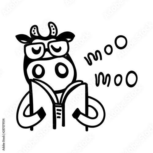 Vector illustration, line cartoon cow wearing glasses and reading book. Hand drawn, black outline, isolated. "MOO" lettering. Applicable for package, poster, label designs, banners, flyers etc.