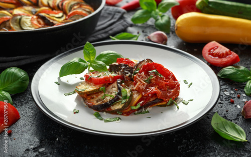 Ratatouille Vegetable Stew with zucchini, eggplants, tomatoes, garlic, onion and basil. Traditional French food.