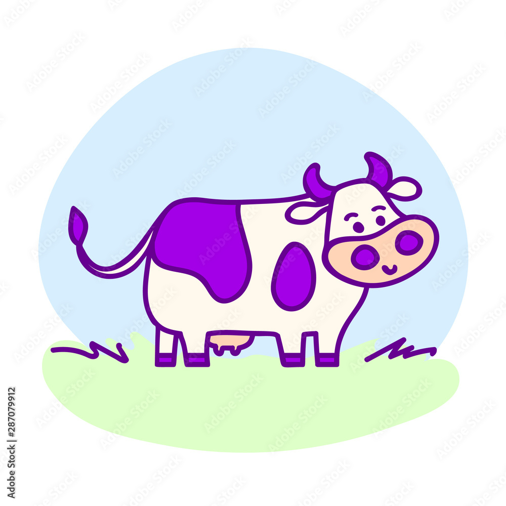 Standing spotted cute cow in violet pastel colors in line cartoon style with hearts. Hand drawn, isolated vector illustration, Eps 10.