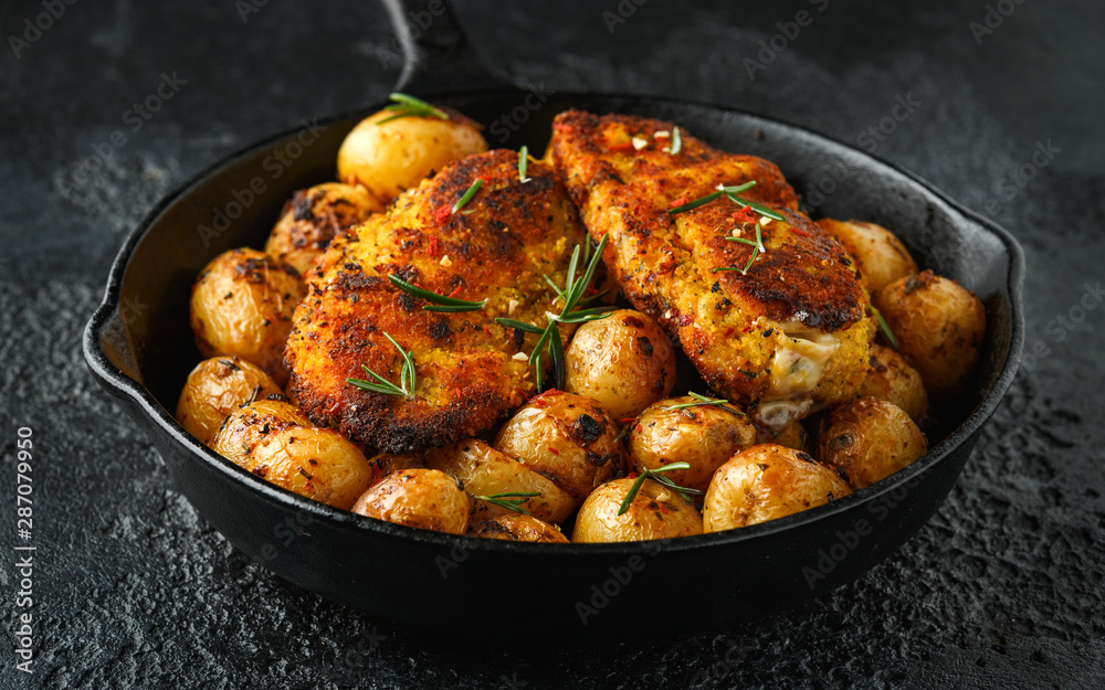 Freshly cooked breaded chicken Kiev's served with crispy baked rosemary potato in rustic cast iron skillet, pan Freshly cooked breaded chicken Kiev's served with crispy baked rosemary potato in rustic cast iron skillet, pan