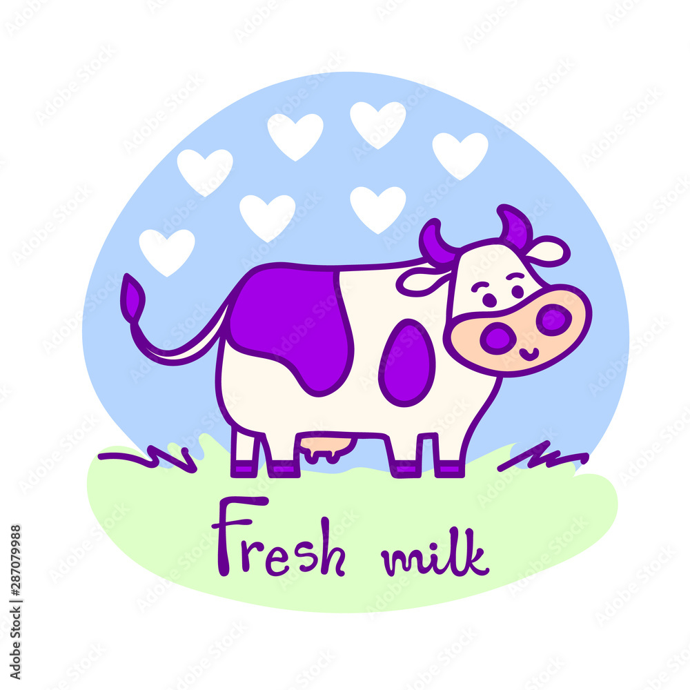 Standing spotted cute cow in violet pastel colors in line cartoon style with Standing spotted cute cow in violet pastel colors in line cartoon style with
