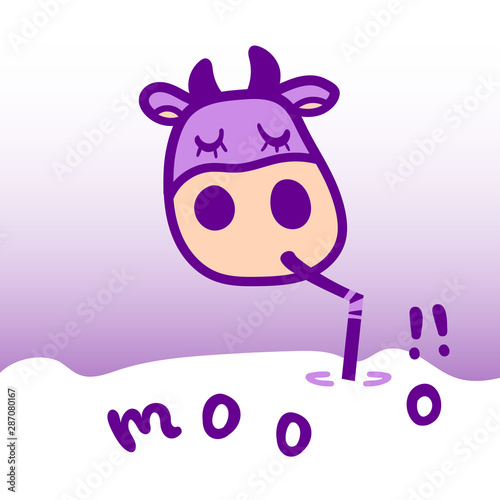 Vector illustration, flat cartoon cow drinking milk with straw. Hand drawn. With "MOO!!" lettering. Applicable for package, poster, label designs, banners, flyers etc.