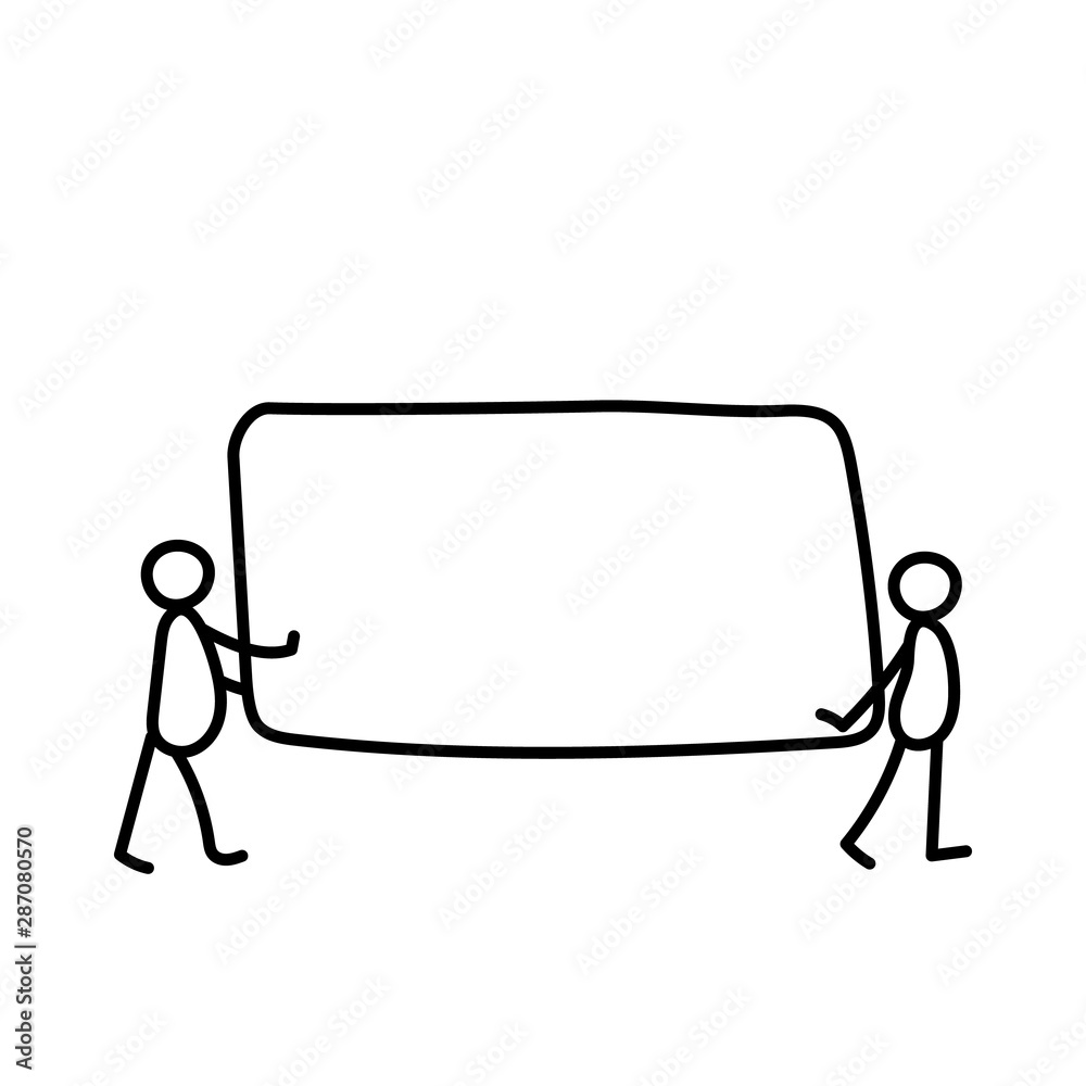 Vector illustration, business scribing doodle. Men carrying a table, where you can put text. Line style.