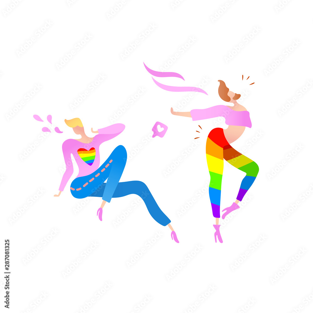 Vector colorful illustration, trendy gay man on heels. Flat cartoon style, isolated. Contains rainbow element. Applicable for LGBT (LGBTQ), transgender rights, pride parade, love is love concept.