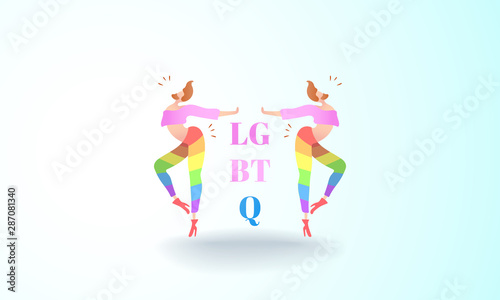 Vector colorful illustration, trendy gay men on heels with LGBTQ text. Flat cartoon style, isolated. Applicable for LGBT , transgender rights concepts etc.