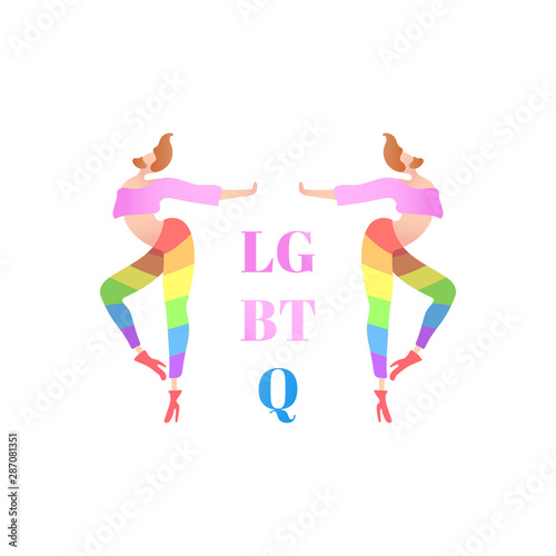 Vector colorful illustration, trendy gay men on heels with LGBTQ text. Flat cartoon style, isolated. Applicable for LGBT, transgender rights concepts, logos, flyers, etc.