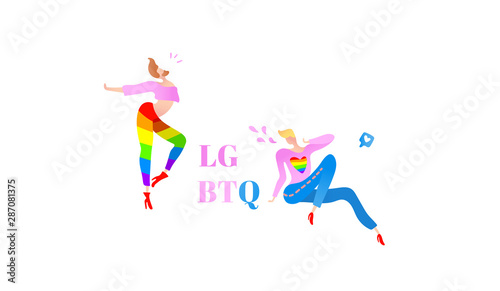 Vector colorful illustration, trendy gay men on heels with LGBTQ text. Flat cartoon style, isolated. Applicable for LGBT , transgender rights concepts etc.