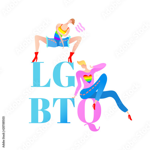 Vector colorful illustration, trendy gay men on heels with LGBTQ text. Flat cartoon style, isolated. Applicable for LGBT, transgender rights concepts, logos, flyers, etc.