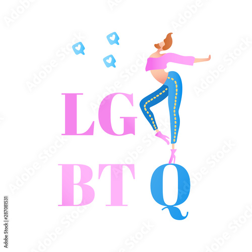 Vector colorful illustration, trendy gay man on heels with LGBTQ text. Flat cartoon style, isolated. Applicable for LGBT, transgender rights concepts, logos, flyers, etc.