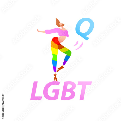 Vector colorful illustration, trendy gay man on heels with LGBTQ text. Flat cartoon style, isolated. Applicable for LGBT, transgender rights concepts, logos, flyers, etc.
