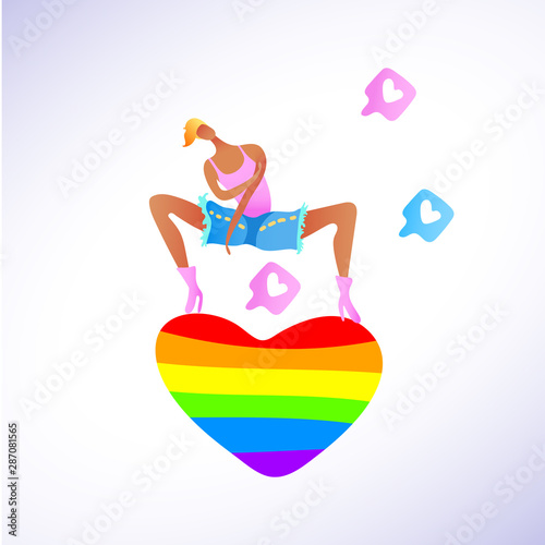 Vector colorful illustration, trendy gay man on heels standing on a rainbow heart. Social network like sign. Flat cartoon style, isolated. Applicable for LGBT (LGBTQ), transgender rights concepts etc.