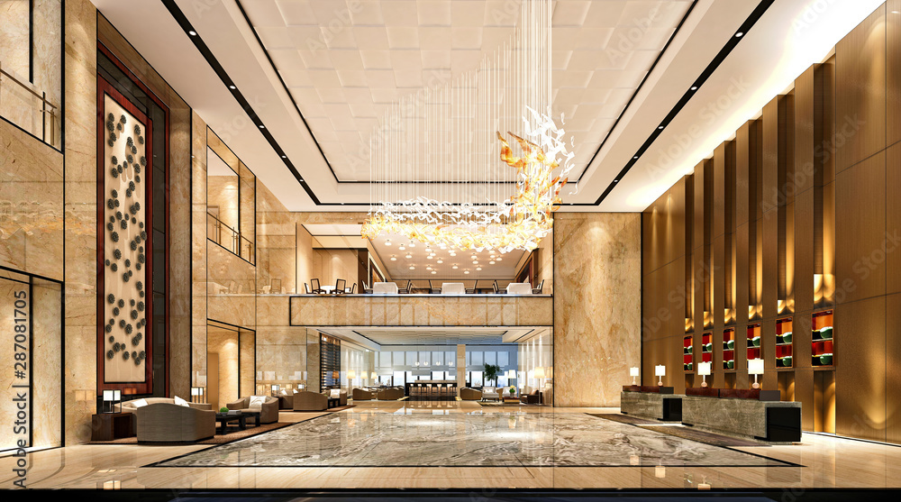 3d render luxury hotel entrance reception lobby Stock Illustration