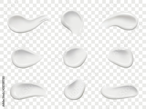 Set of cosmetic white cream smears. Realistic cosmetic cream isolated on transparent background