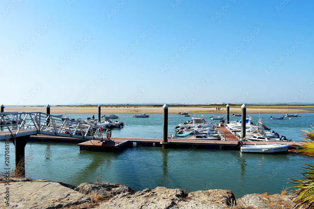 Fishing boats on the coast of the Bay of Puerto Real in Cadiz. Andalusia Spain. Europe. August 14, 2019
