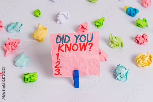 Conceptual hand writing showing Did You Know Question. Concept meaning when you are asking someone if they know fact or event Colored crumpled paper empty reminder white floor clothespin