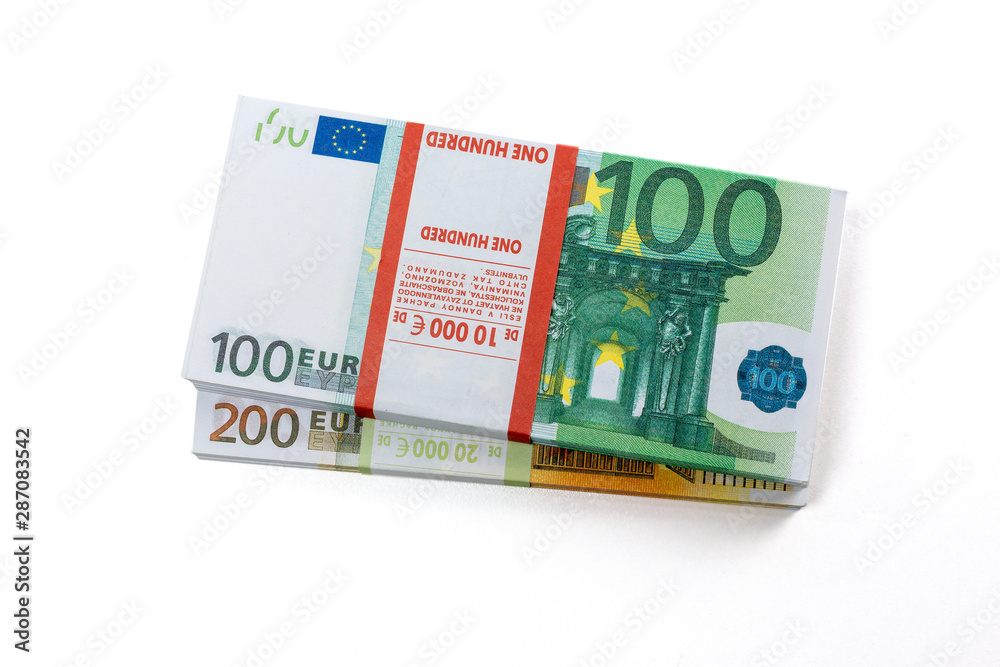 Euro cash in bundles of one hundred and two hundred banknotes, Euro money Euro on a white background, isolated on a white background Euro cash in bundles of one hundred and two hundred banknotes, Euro money Euro on a white background, isolated on a white background