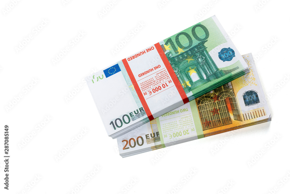 Euro cash in bundles of one hundred and two hundred banknotes, Euro money Euro on a white background, isolated on a white background Euro cash in bundles of one hundred and two hundred banknotes, Euro money Euro on a white background, isolated on a white background