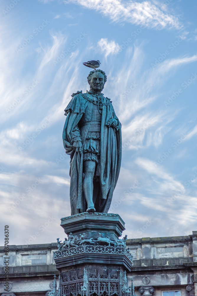 Statue of Walter Montagu Douglas Scott, 5th Duke of Buccleuch on the Parliament Square in Edinburgh, Scotland. The statue designed by J. Edgar Bohem was unveiled on 7th February 1888