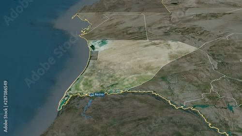 Trarza - region of Mauritania with its capital zoomed on the satellite map of the globe. Animation 3D photo