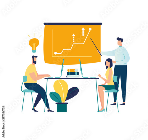 Vector illustration. Training of office staff. Increase sales and skills. Team thinking and brainstorming. Analytics of company information.