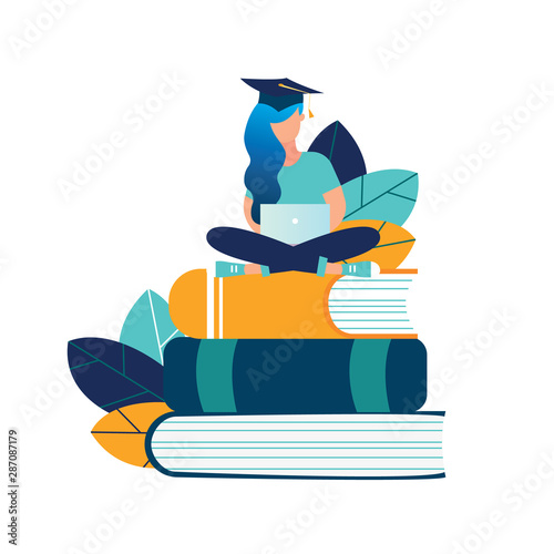 vector illustration girl student graduate sitting on books with laptop surrounded by greenery. graphic design for language courses, onlain English school