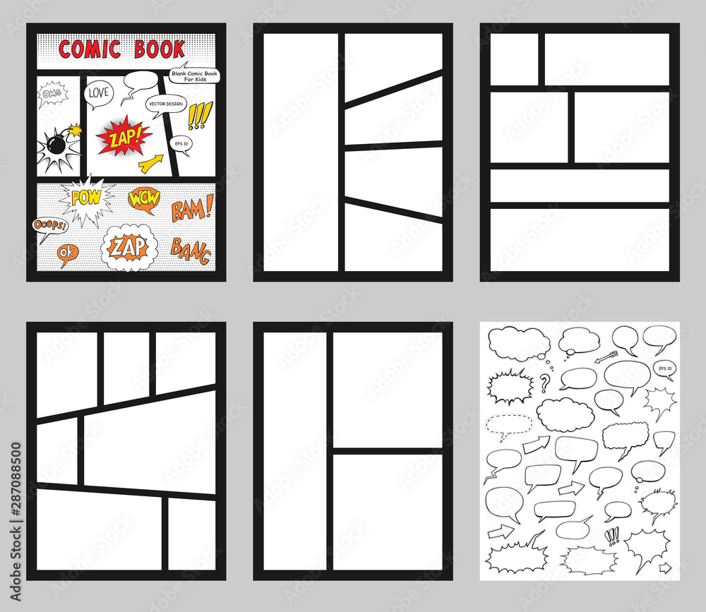 Naklejka premium comic book Blanks set, text speech bubbles , Comic magazine cover Template, strip page mock up