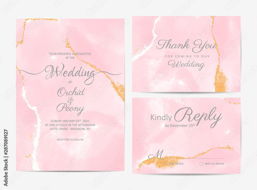 Watercolor wedding invitation template set. Artistic luxury fluid background with golden brush splash. Pink gold foil decorative design vector