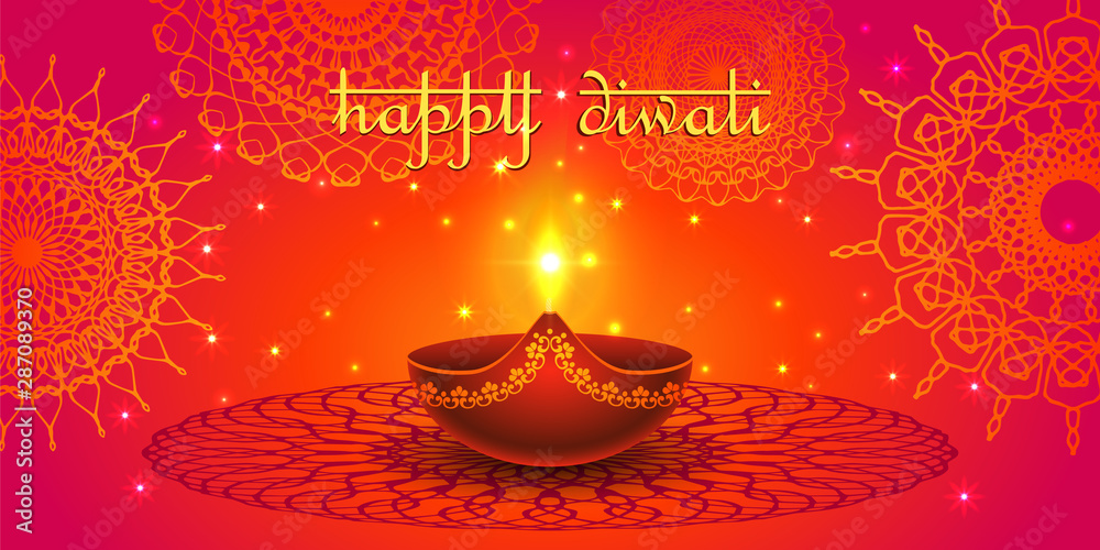 Vector banner India Diwali, Deepavali festival of lights, red background  Dipavali with gold ornaments, fire glowing lamp, flashes and sparks,  illustration. Stock-vektor | Adobe Stock