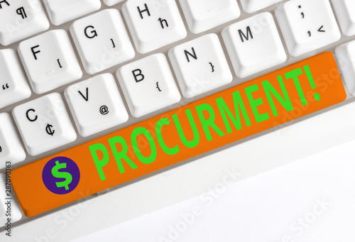 Conceptual hand writing showing Procurment. Concept meaning action of acquiring military equipment and supplies White pc keyboard with note paper above the white background photo