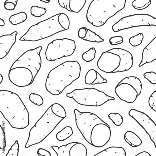 hand drawn seamless vector endless background of various kinds of potato. Repeat pattern made of clipart illustration elements. yam potato, royal, kipfler and different sorts for farming market.