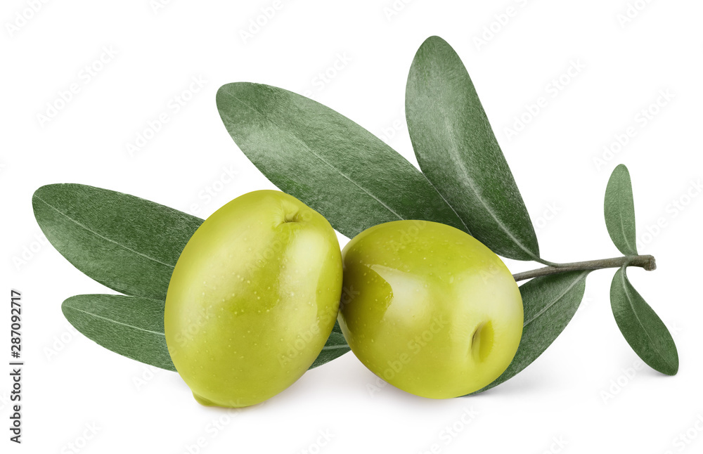 Delicious green olives with leaves, isolated on white background