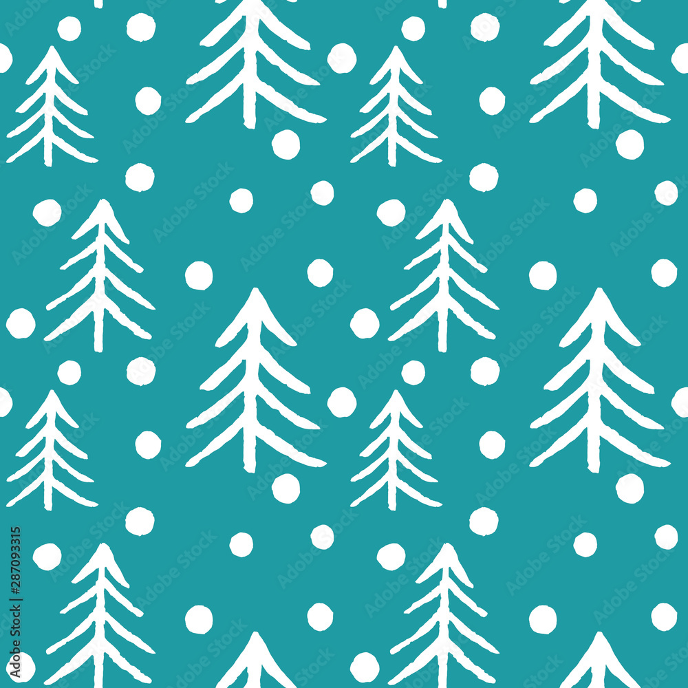 Seamless pattern white fir tree and snowflakes on green background. Christmas trees. Happy New Year background. Winter holidays. Design for textile, wrapping, wallpaper, paper.