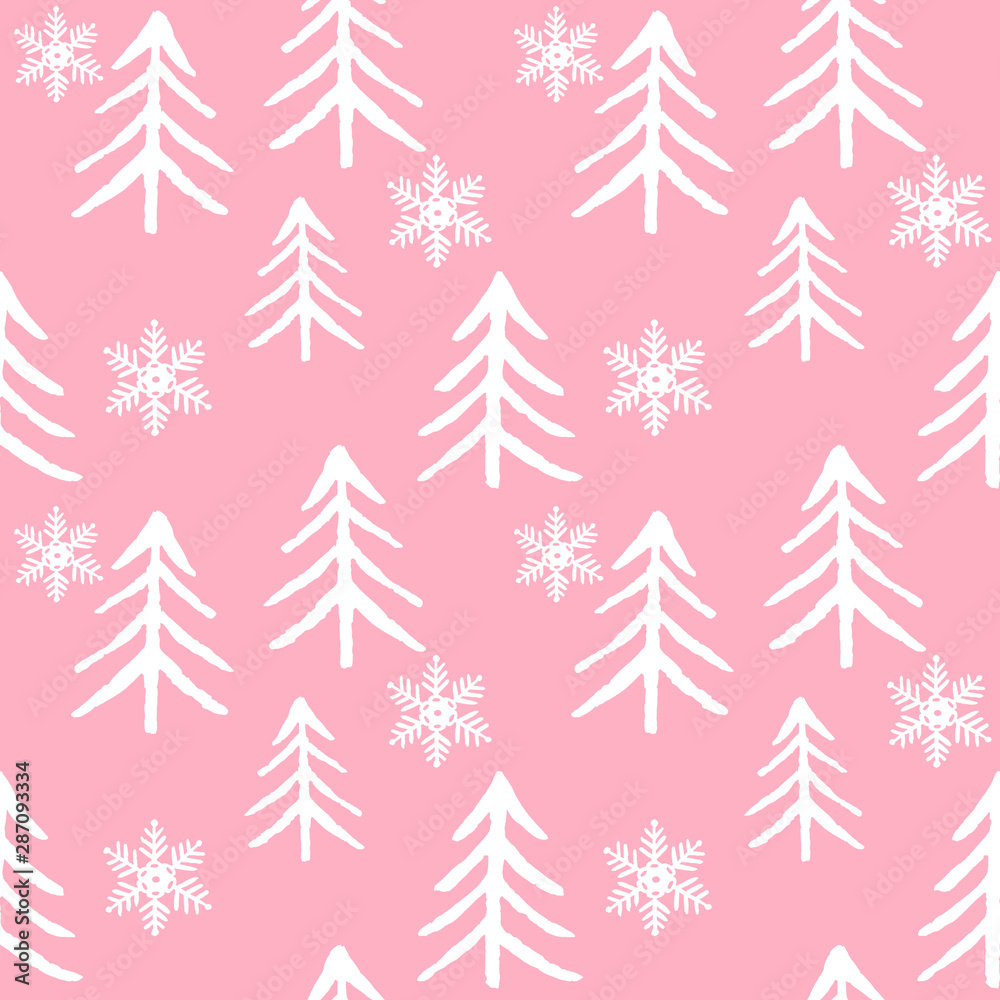 Seamless pattern white fir tree and snowflakes on pink background. Christmas trees. Happy New Year background. Winter holidays. Design for textile, wrapping, wallpaper, paper