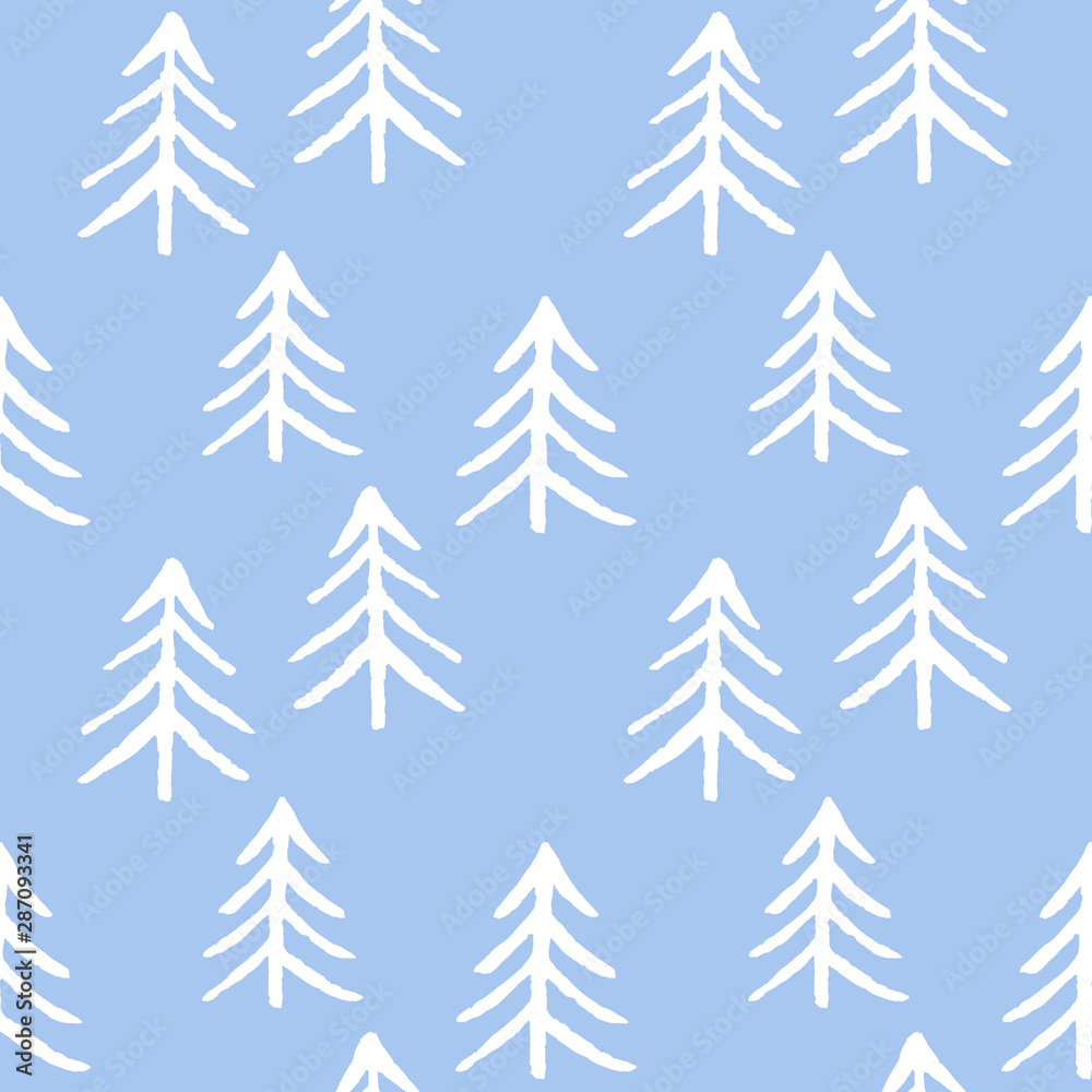 Seamless pattern white fir tree  on blue background. Christmas trees. Happy New Year background. Winter holidays. Design for textile, wrapping, wallpaper, paper.