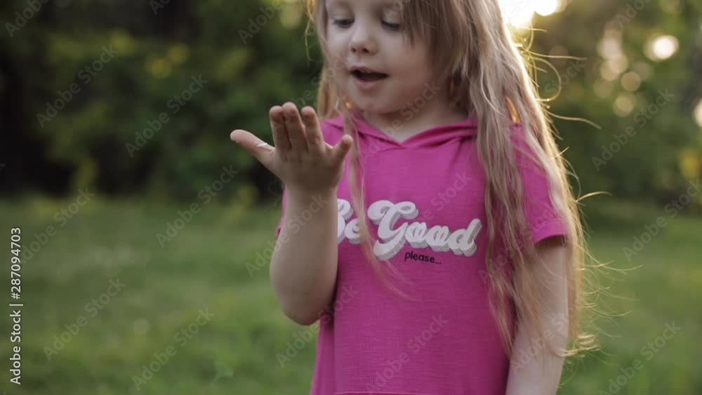 Belarus Minsk 05 25 2019: Front view of funny long haired girl wearing pink shirt blowing petals of flower from hand. Beautiful kid playing and walking in park in summer. Concept of childhood and Belarus Minsk 05 25 2019: Front view of funny long haired girl wearing pink shirt blowing petals of flower from hand. Beautiful kid playing and walking in park in summer. Concept of childhood and