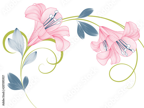 Floral abstract background frame with hand-drawn lily flowers. Element for invitations, greetings, cards. photo