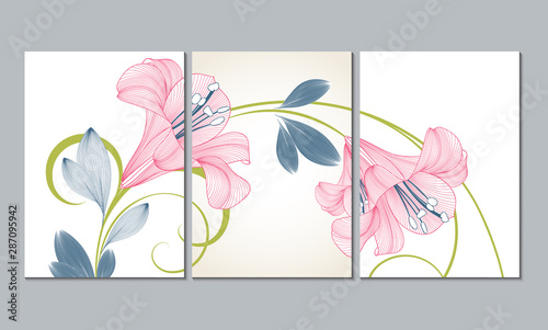 Set of 3 canvases for wall decoration in the living room, office, bedroom, kitchen, office. Home decor of the walls. Floral background with flowers of lily. Element for design. 
