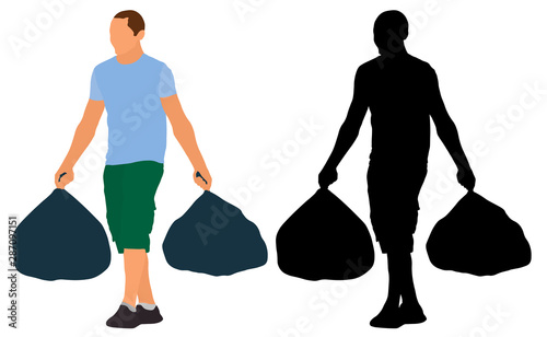 Man carries garbage bags. Vector silhouette illustration