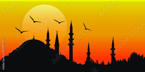 Sunset, seagulls, mosque silhouette icons. Ramadan Kareem background. Vector design.
