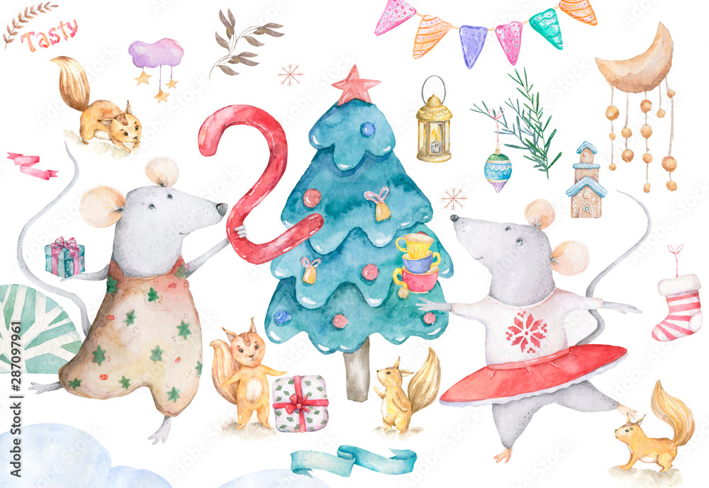Cute watercolor cartoon set rats and spruce tree. Watercolor hand drawn animals illustration. New Year 2020 holiday drawing illustration. Symbol 2020 Merry Christmas gift card. Greeting postcard