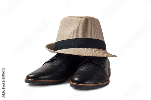 male classic hat and shoes isolated on white background