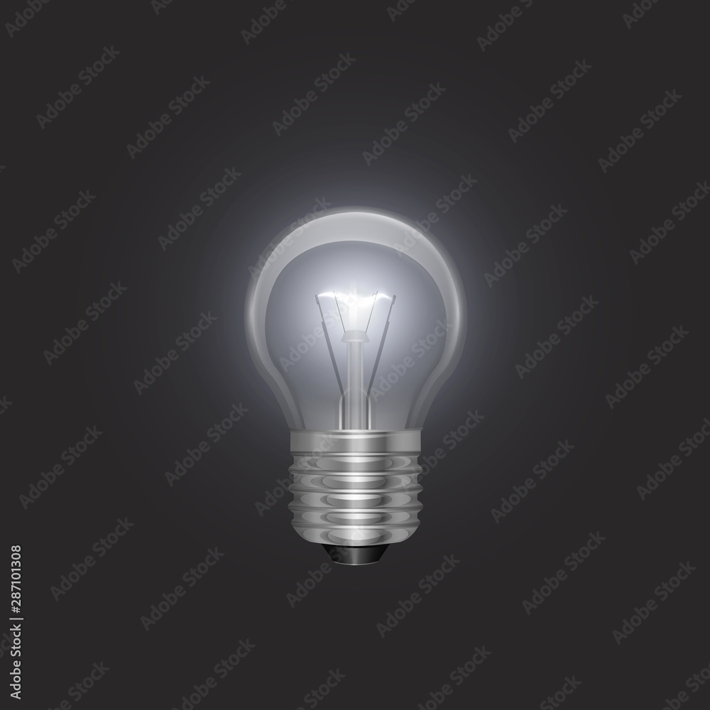Transparent glowing electric light bulb with a silver base in Realistic style on bark background, Object for presentations, infographics, poster, web design or banner Transparent glowing electric light bulb with a silver base in Realistic style on bark background, Object for presentations, infographics, poster, web design or banner