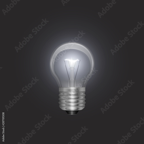 Transparent glowing electric light bulb with a silver base in Realistic style on bark background, Object for presentations, infographics, poster, web design or banner