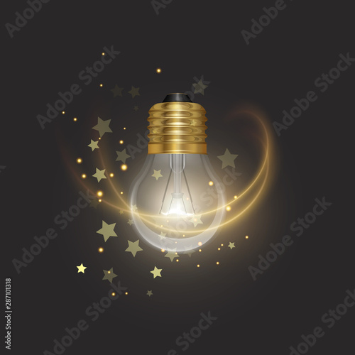 Transparent glowing electric light bulb with a golden base in Realistic style on bark background, Object for presentations, infographics, poster, web design or banner
