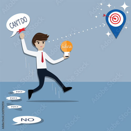 Stock vector cartoon,Businessman with light bulb idea in hand was punching the bad words and steps forward to success - vector