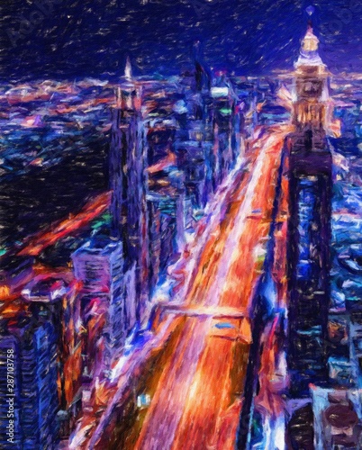 Oil painting on canvas modern city and scyscrapers fine contemporary print art. Mixed media digital drawing. View of Dubai city in OAE. Colorful big town scene for wall poster, postcard, stationary. 